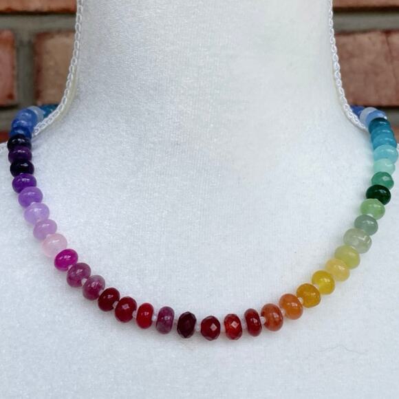 NWT, Ombre Rainbow Gemstone Necklace, Silver Tone Magnetic Clasp, 18.5" - Picture 1 of 6